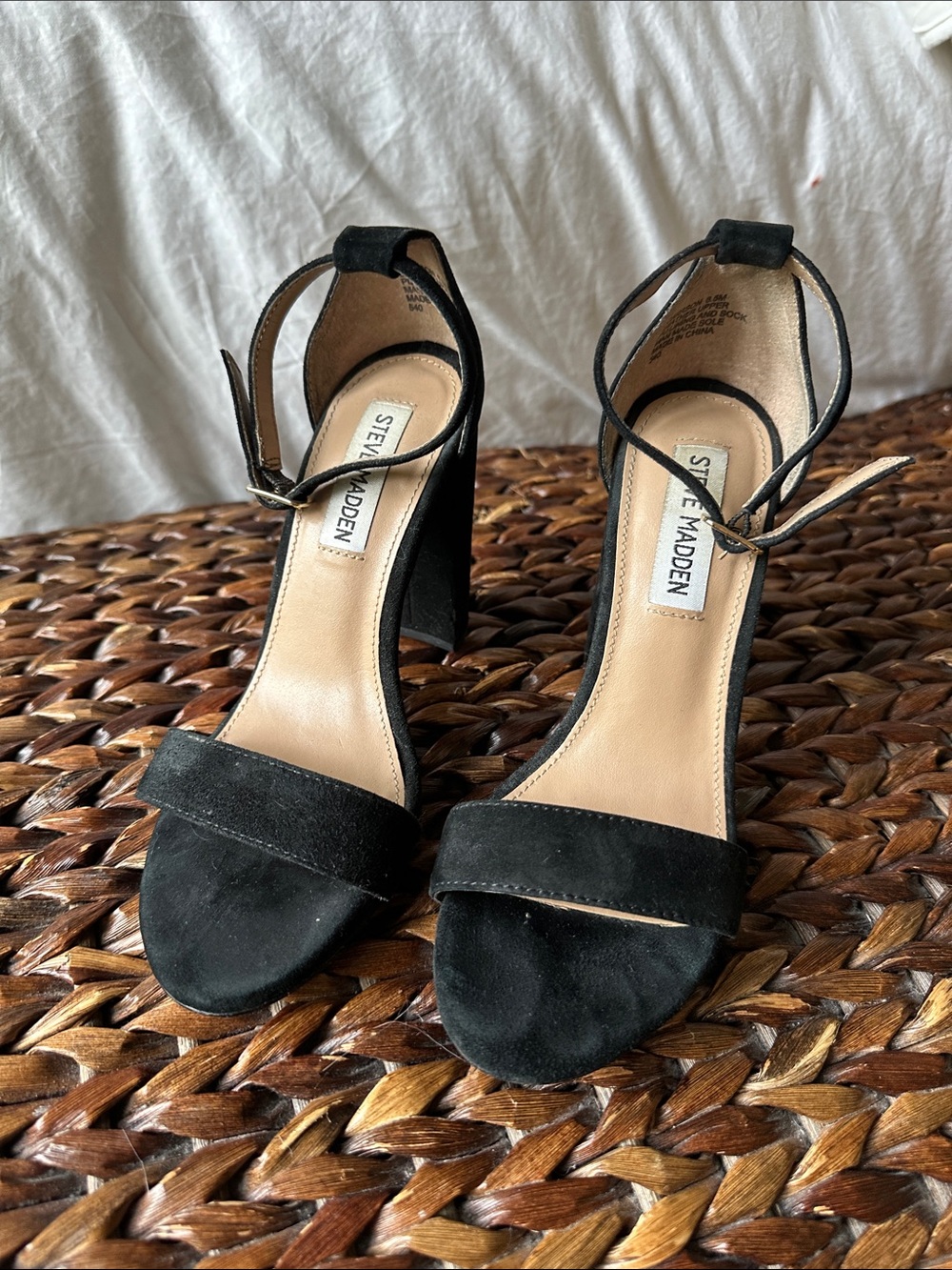 Steve Madden Black Suede Ankle-Strap Block Heels